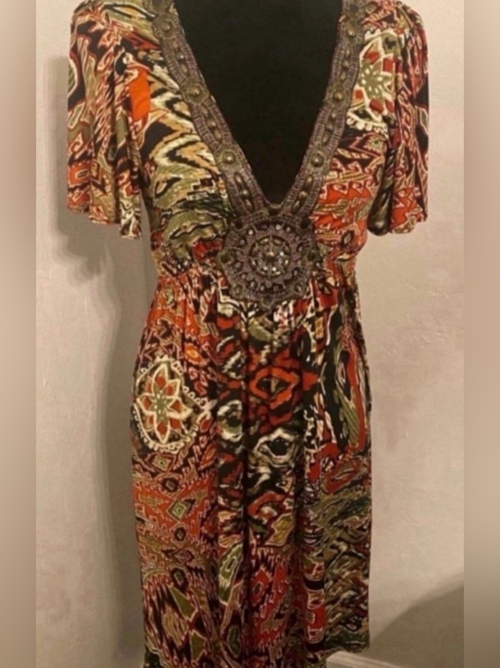 Women’s V-Neck Printed Maxi Dress in Orange and Olive (Size S)